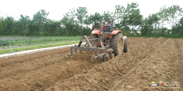 photo de bogie double rouleau de vibro attelé derrière cultibutte modifié en reprise de butteuse