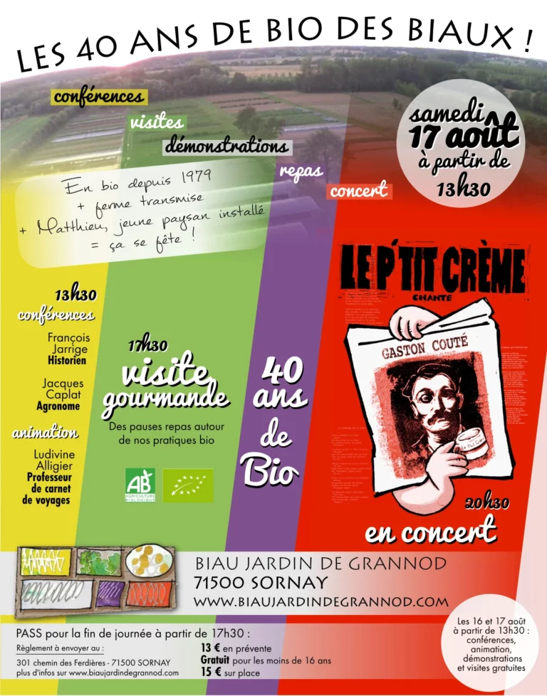 affiche annonçant visite repas et concert sur photo drone de la ferme