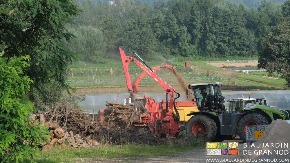 photo du suivi du déchiquetage : tas de bois, grue, tapis, déchiqueteuse, goulotte, benne