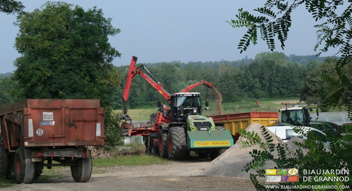 photo du suivi du déchiquetage : tas de bois, grue, tapis, déchiqueteuse, goulotte, benne