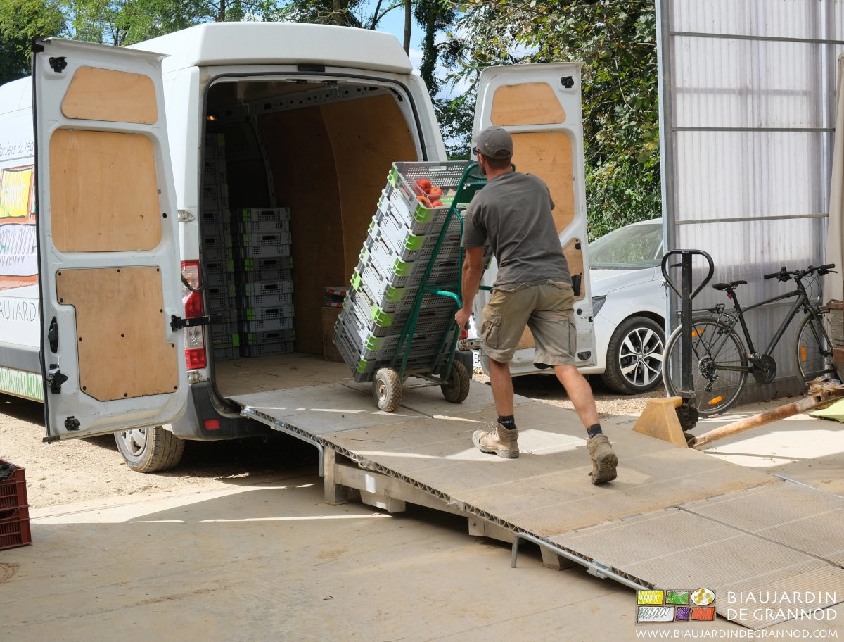 photo du chargement du fourgon en confort, les paniers au diable et quai mobile incliné