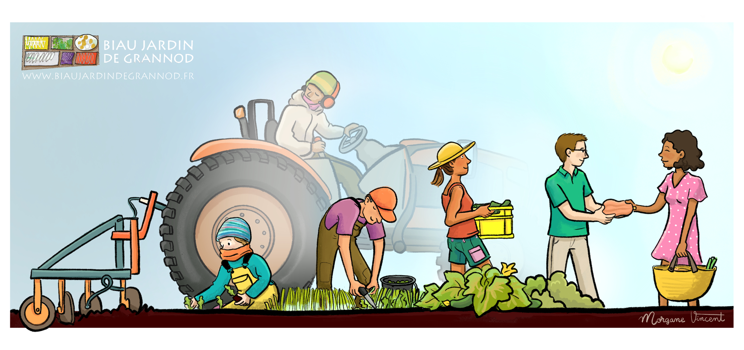 dessin de 6 personnes 1 sur tracteur 5 à la succession des travaux des diverses saisons pour fournir un panier à une abonnée