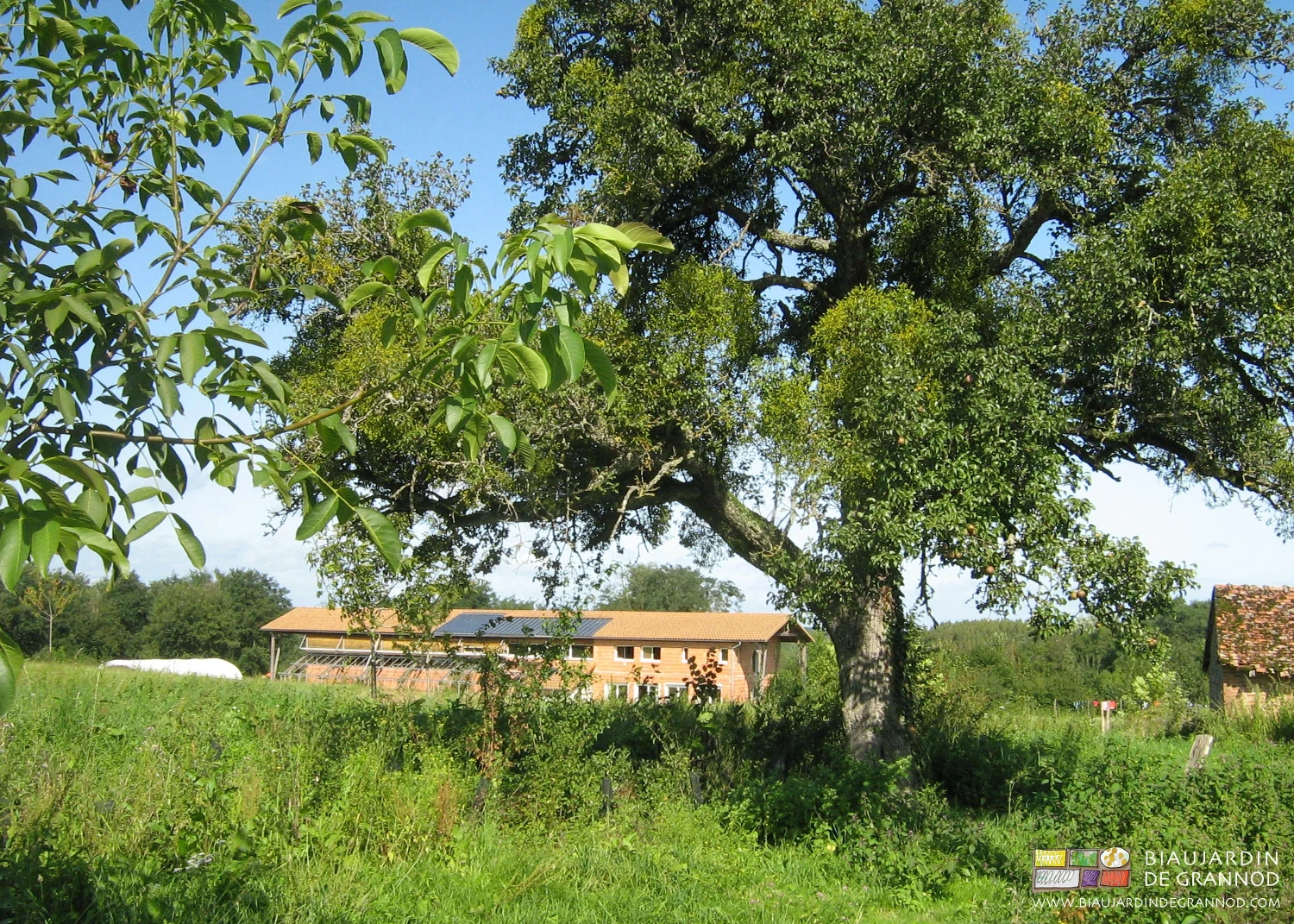 photo du bâtiment bioclimatique chauffé 100% énergie renouvelable, construit de brique et de bois