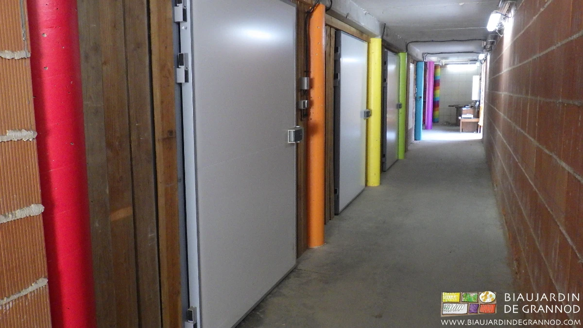 photo des portes de chambre froide chacune d'une couleur vive différente