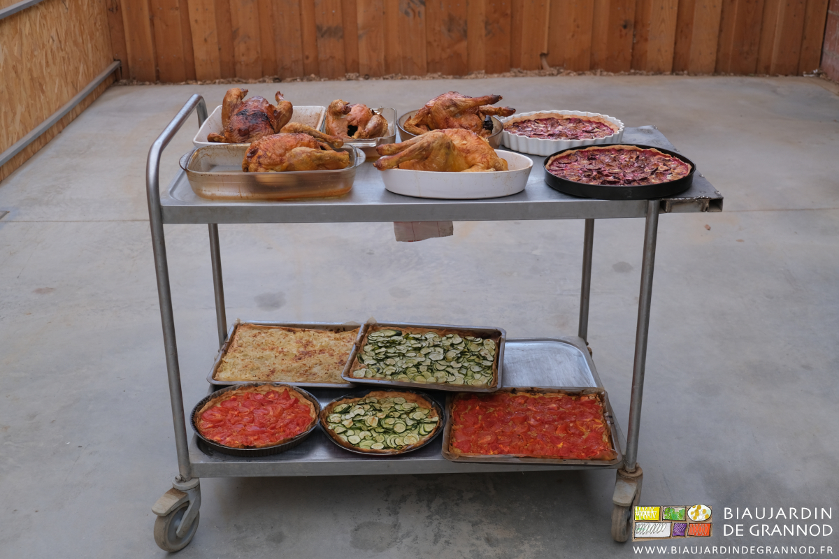 photo de chariot inox rmepli de tartes, pizzas et poulets