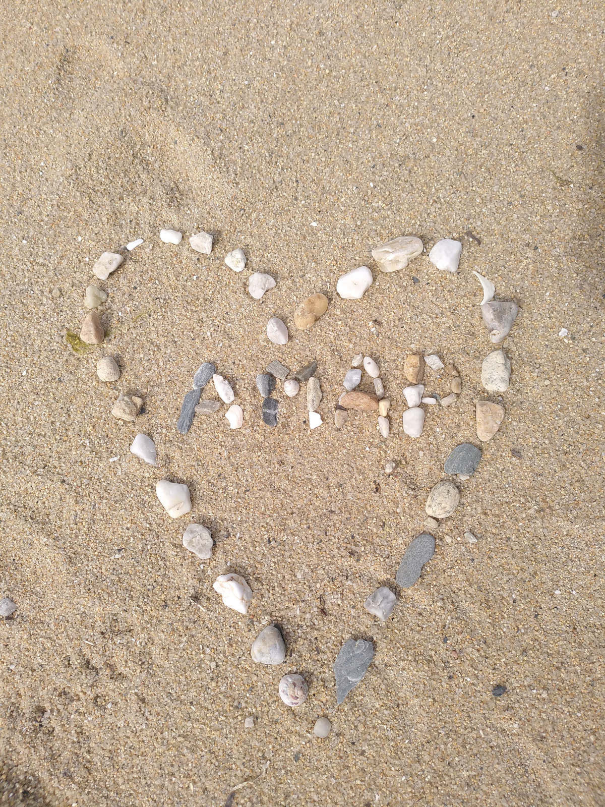 photo de land art coeur autour du mot amap en galet sur plage de sable