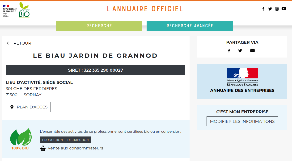 Notre fiche sur Agence Bio qui permet d'un clic d'accéder à nos certificats à jour