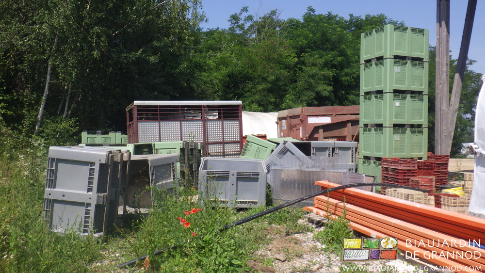 photo du chamboultou de caisses palox dans la cour de la ferme