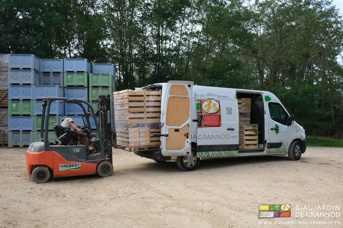 Photo de Matthieu chargeant le fourgon de 3 palettes pour les cantines