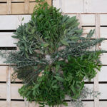 bouquets de thym, sauge, verveine, romarin, rangés en rond sur une cagette bois