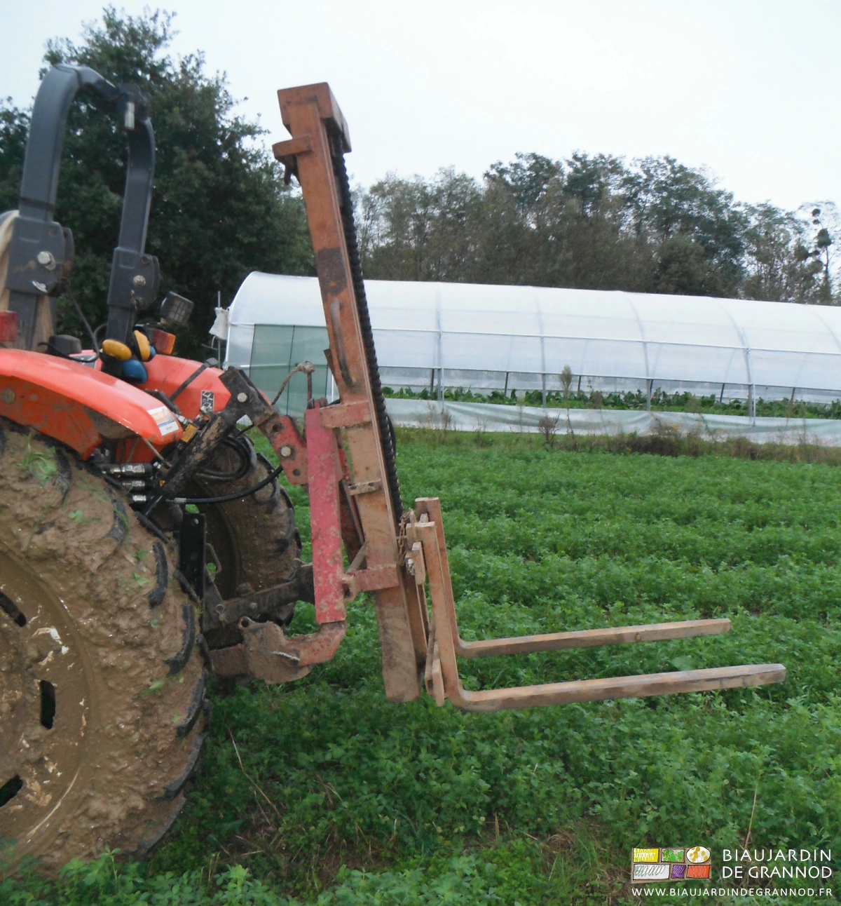 photo au jardin du mât lève palette attelé au tracteur par son triangle rapide