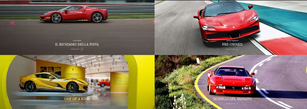Copie d’écran du site automobile Ferrari présentant sa gamme de bolides rouges