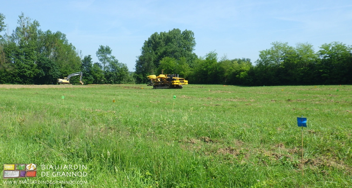 photo d'ensemble du chantier en cours avec au premier plan les jalons repères de pose des drains 