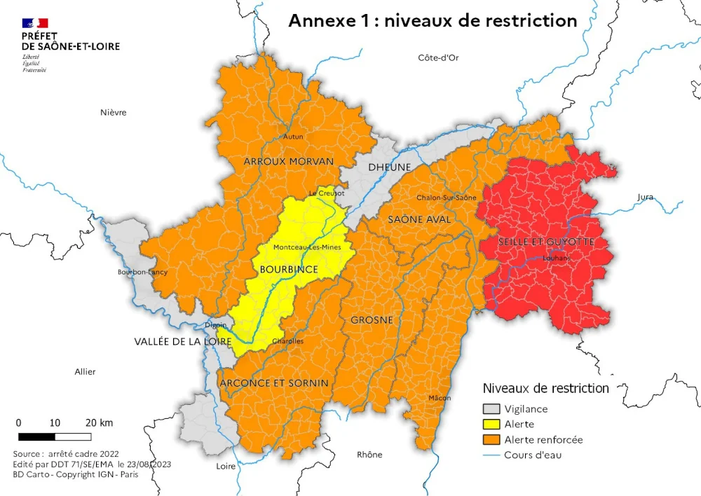 carte préfectorale des restriction d'usage de l'eau en Saône et Loire