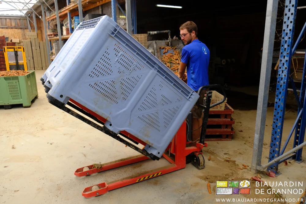 photo de Matthieu alimentant la laveuse en carotte du palox tenu en position par le basculeur