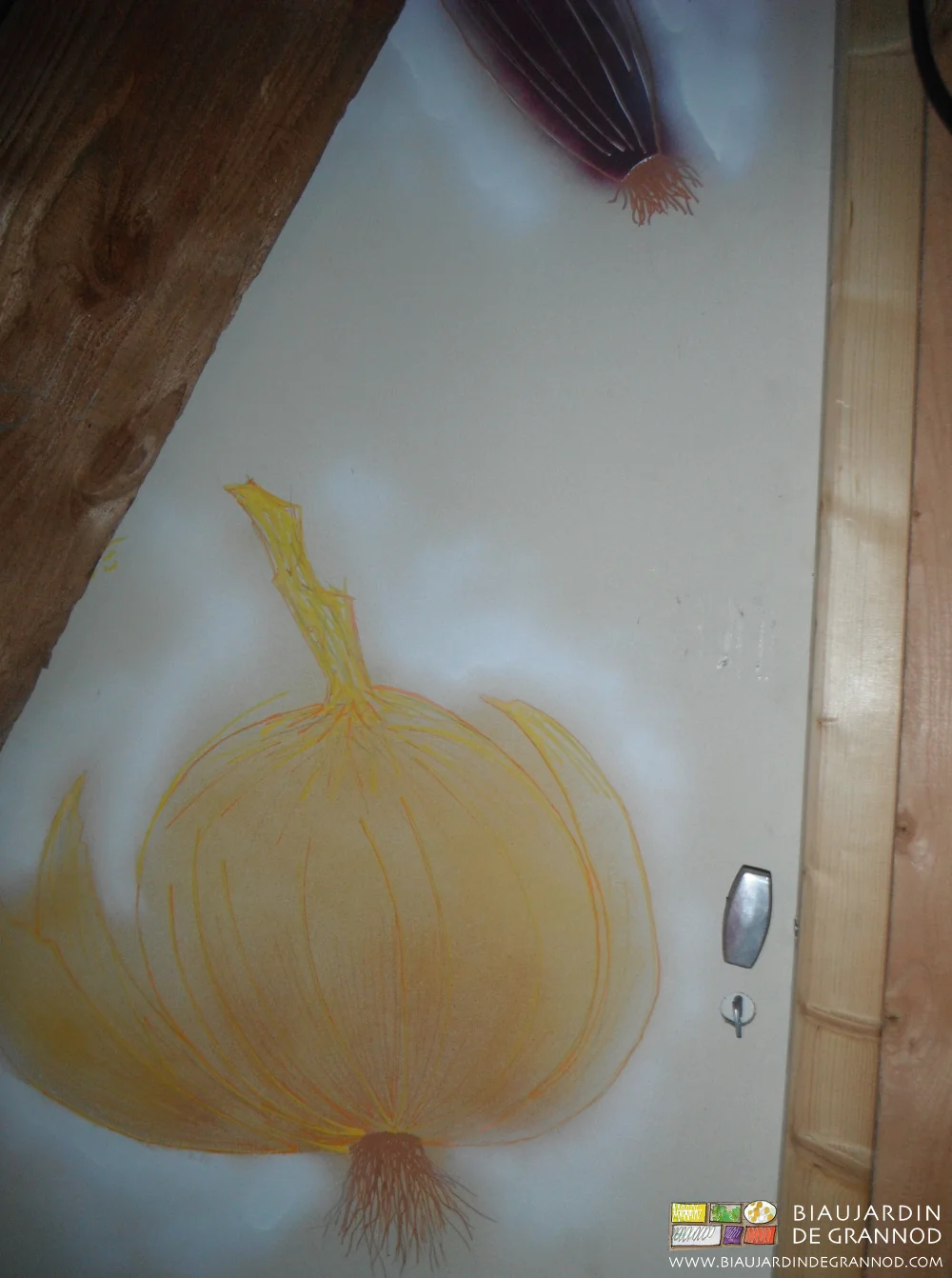 photo de la porte du local ornée de dessin d'oignon et échalote réalisés par notre fils Clément