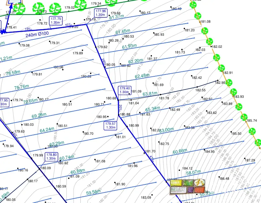 scan du plan du drainage dessiné sur le relevé topographique de la parcelle