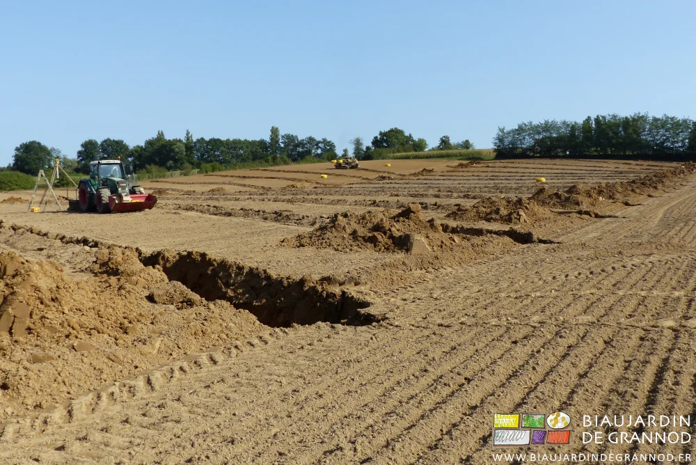 vue d'ensemble de la pose des drains en cours dans la parcelle