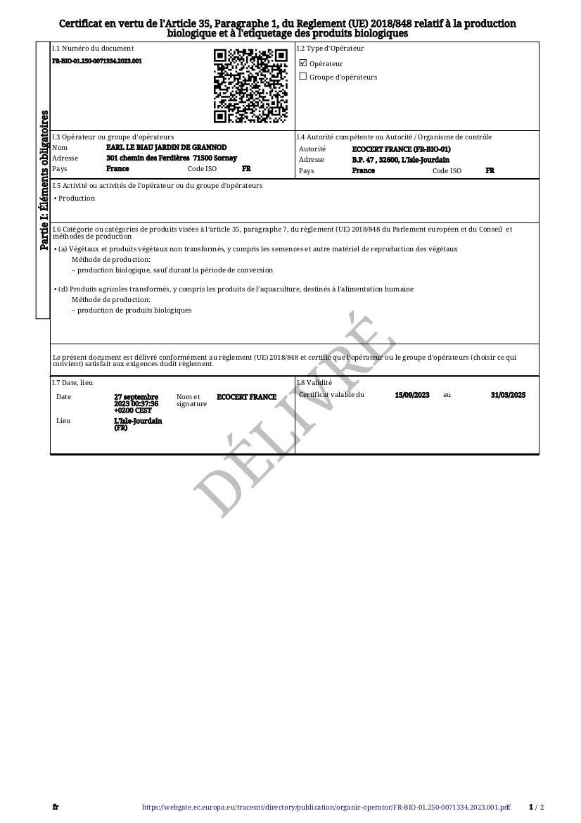 page 1 de notre certificat bio délivré par écocert le 27 septembre 2023