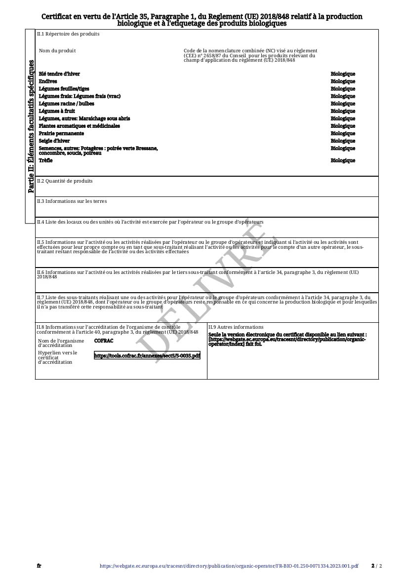 page 2 de notre certificat Bio listant nos productions 