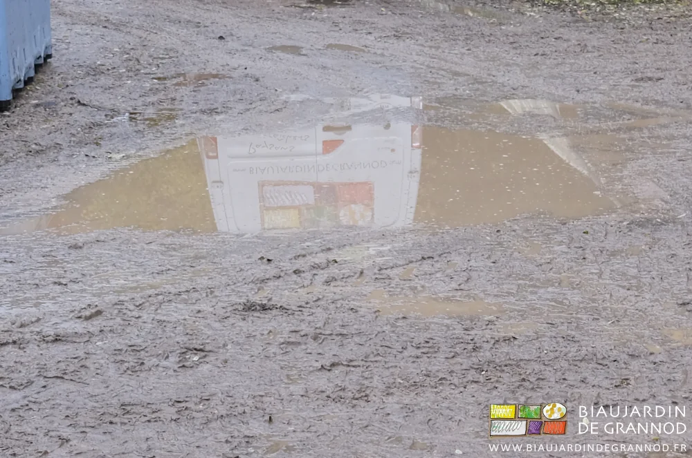 photo du reflet de notre fourgon dans la grosse flaque au milieu de la cour de ferme