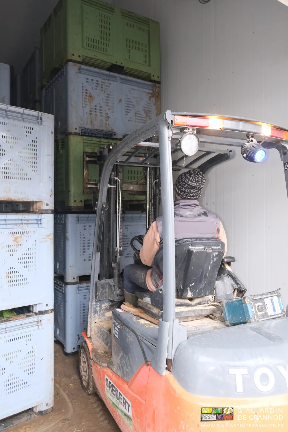photo du rangement de 3 palox dans la grande chambre froide avec le chariot