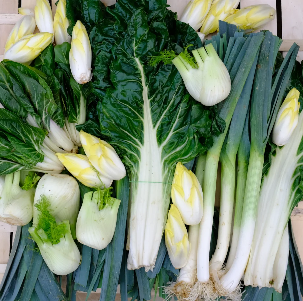 photo sur cagette bois de poireau, endive, fenouil et cote de bette
