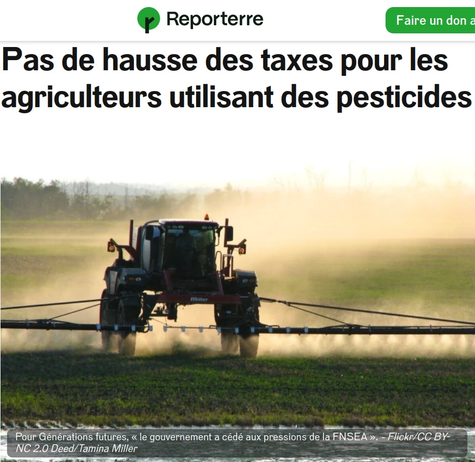 copie d'écran du site Reporterre annonçant le recul gouvernemental sur la hausse des taxes pollution diffuse