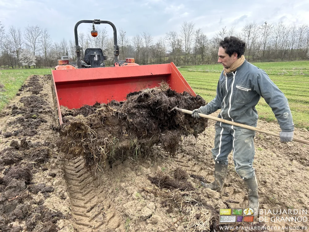 photo de Vivien qui tire peu à peu le fumier pour le répartir en surface de la planche