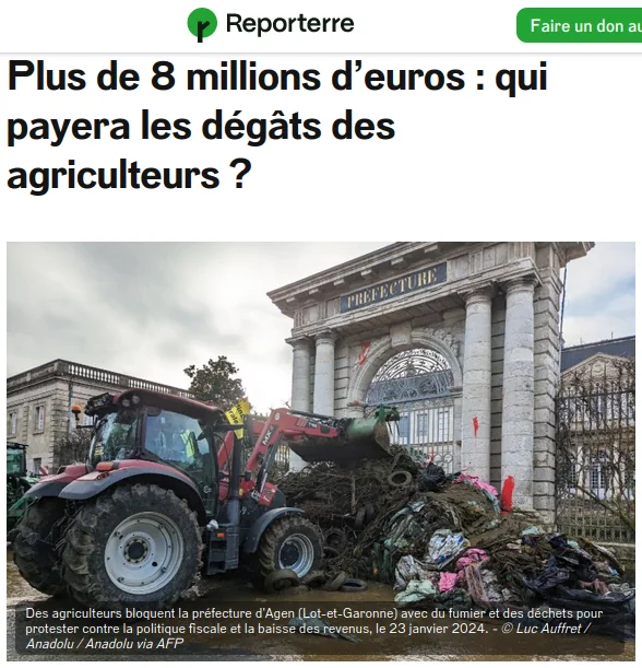 copie d'écran site Reporterre tracteur poussant du fumier et plastiques sur une préfecture