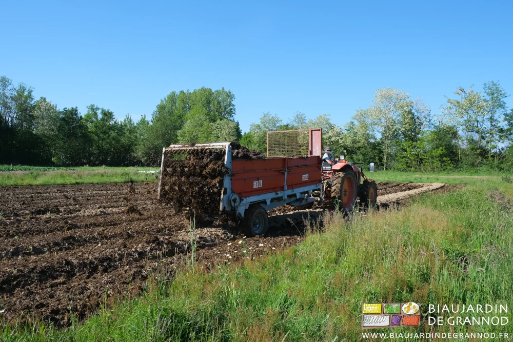 Photo de l’épandeur qui couvre de fumier chaque planche travaillée