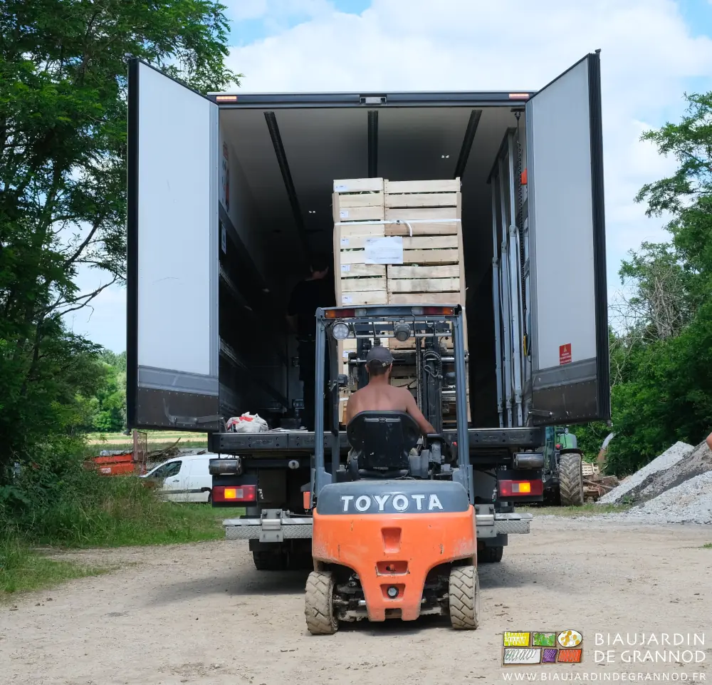 Photo de Matthieu montant les palettes dans le poids lourd du transporteur au chariot élévateur