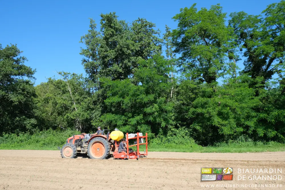 Photo d’ensemble de l’équipe sur tracteur et planteuse à côté d’une belle haie d’aulne et acacia