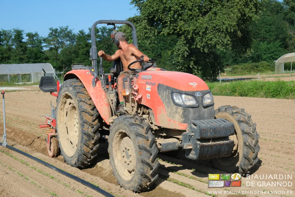 photo de Matthieu retourné pour surveiller le travail derrière le tracteur