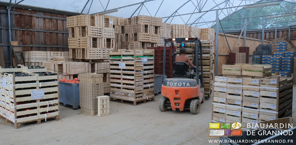 photo de Matthieu prenant les palettes au chariot à l'arrivée du camion du transporteur