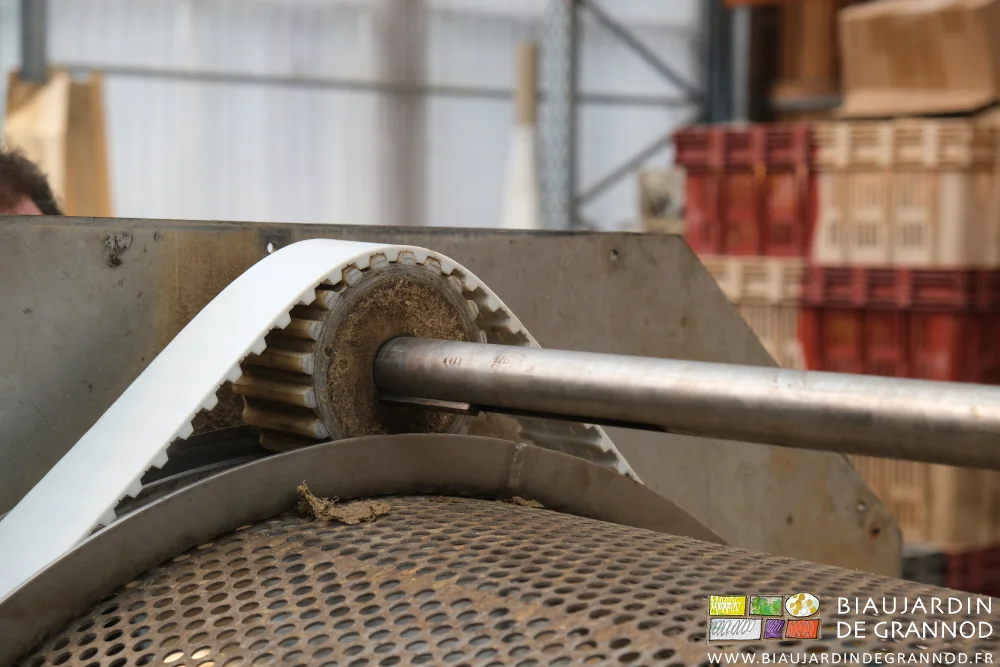 photo du détail d'un pignon cranté sur son axe et engagé sous la courroie