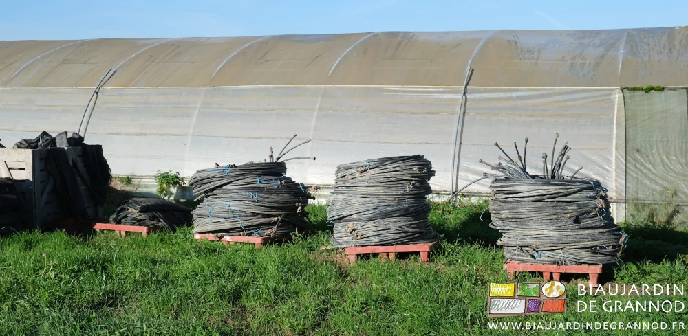 photo des rouleux de gaine d'arrosage goutte à goutte empilées sur des palettes 