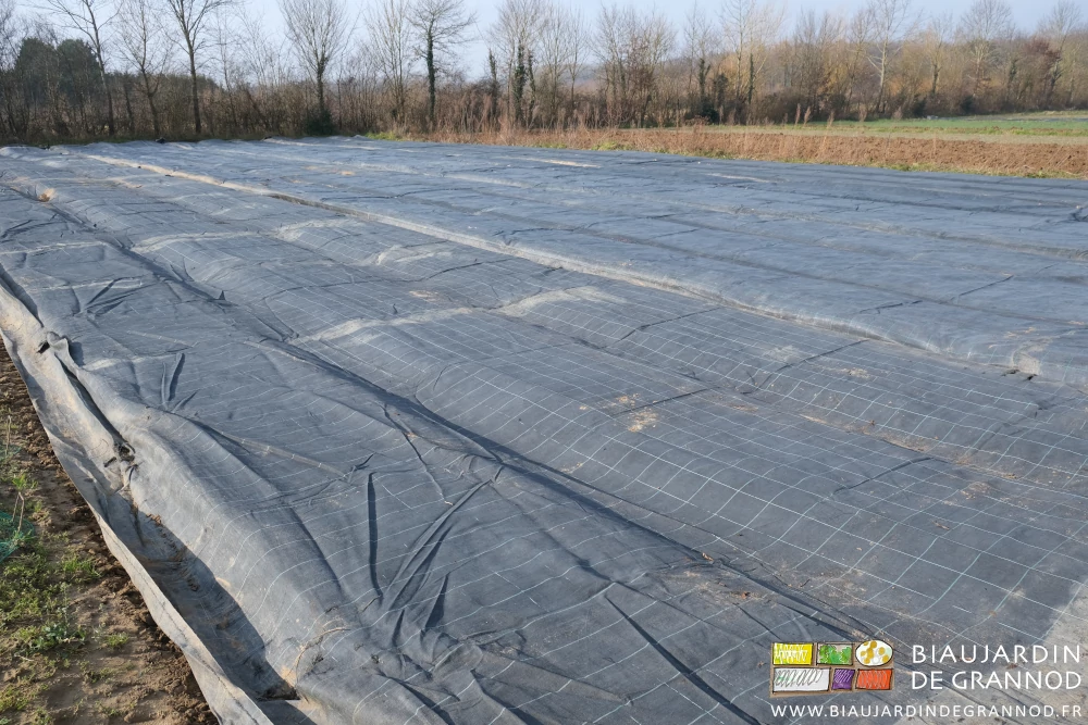photo d'un carré aux planches couvertes d'une toile noire tissée