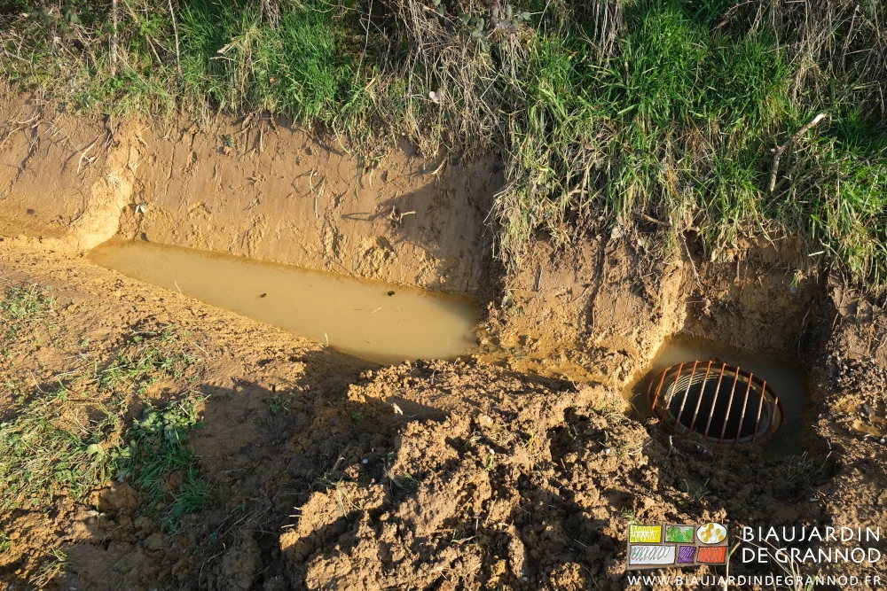 photo d'une bouche béton grillagée de captage précédé d'un creux pour eau stagnante