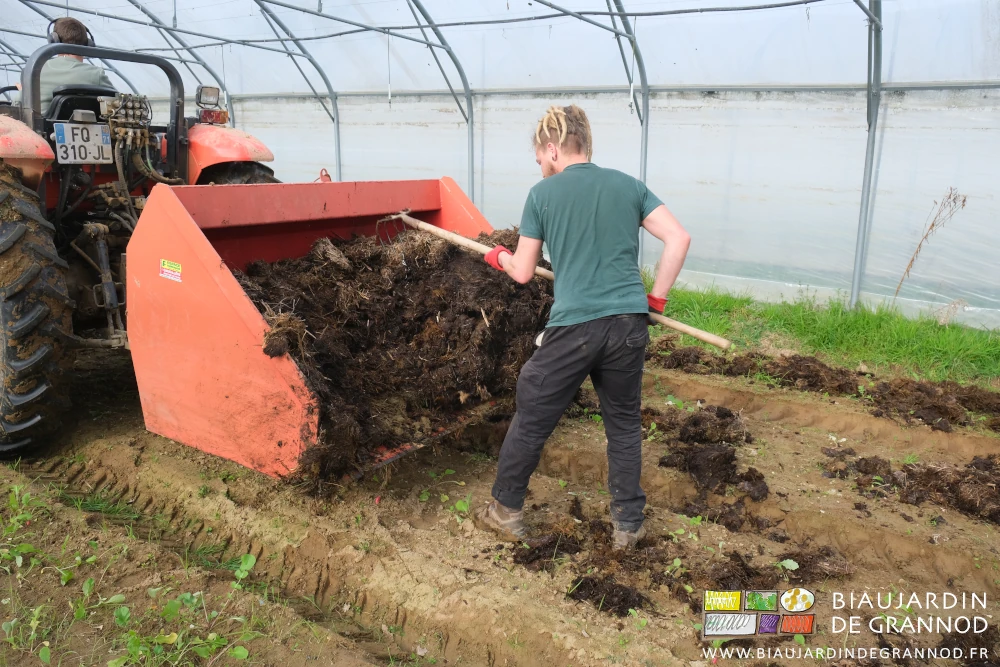 photo de Valentin tirant le fumier peu à peu avec un croc, un genre de fourche mais à dents coudées