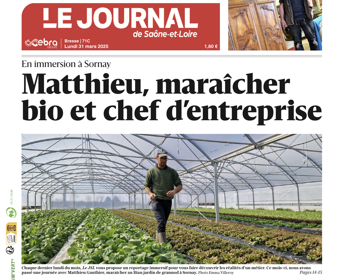 Une journal de Saône et Loire photo sous tunnel titrée Matthieu maraîcher Bio et chef d'entreprise