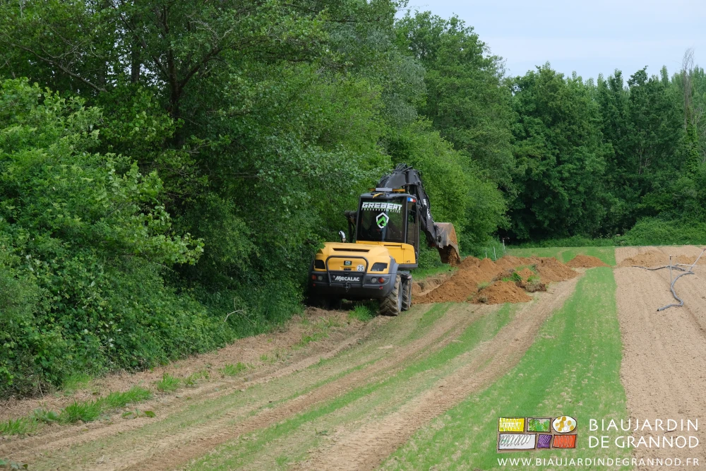 photo du tracto-pelle creusant le long de la haie bocagère