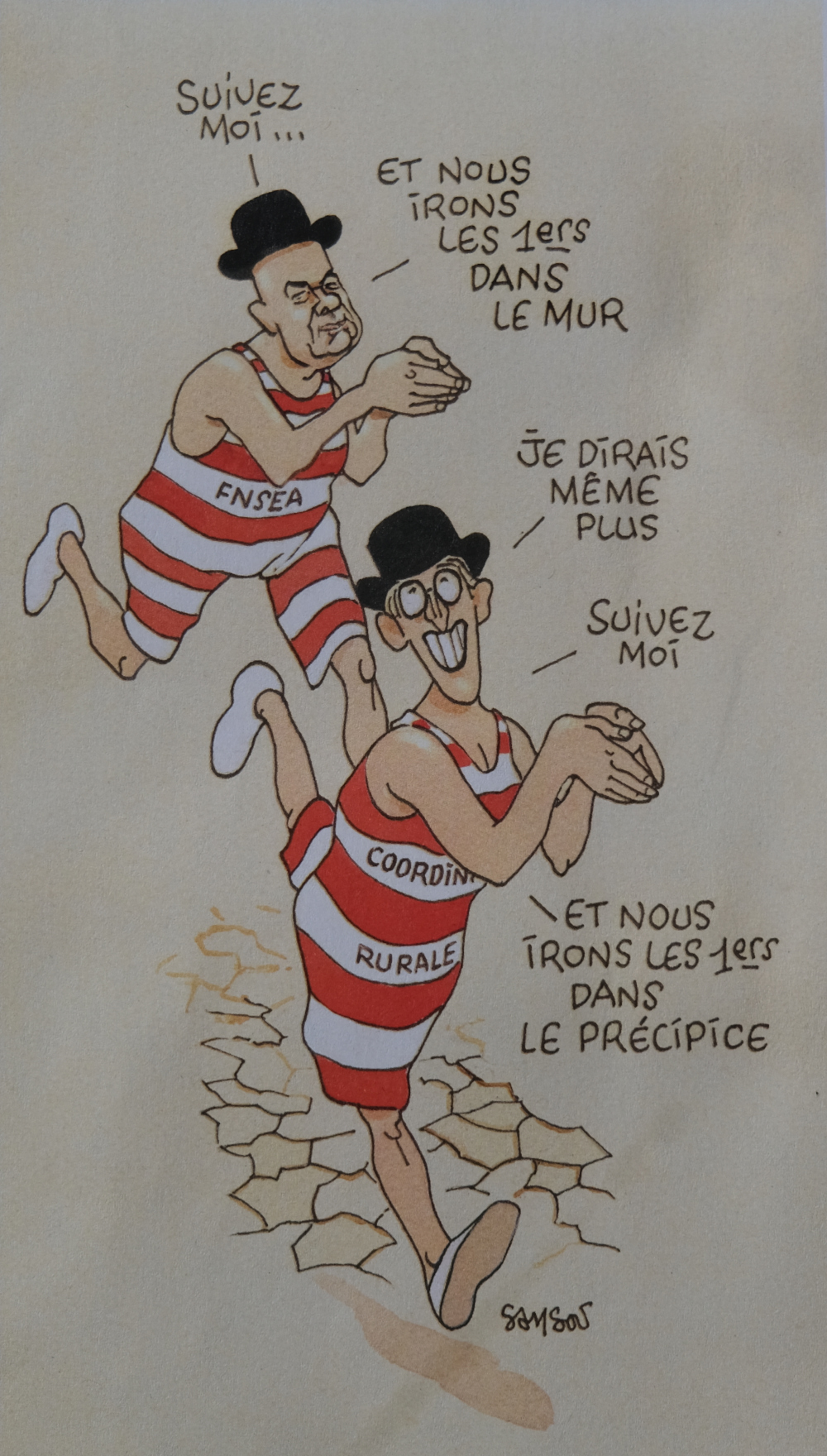 dessin de Samson : les présidents FNSEA et CR en maillot 1900 courent dans le mur