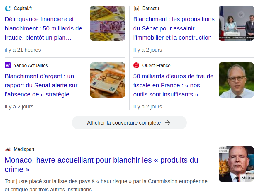 copie d'écran recherche Google blanchiment à Monaco, 50 milliards en France