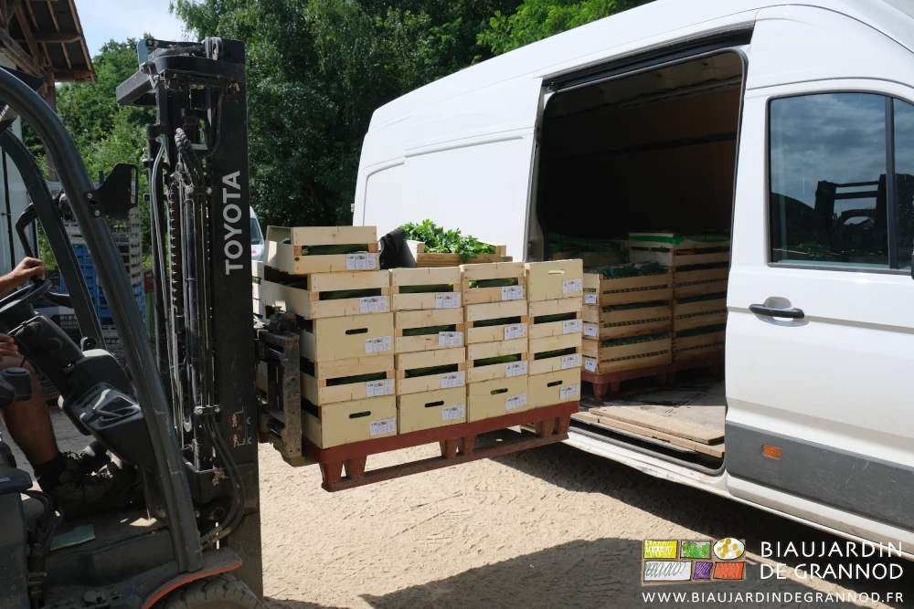 photo du chargement d'une deuxième palette dans le fourgon de la ferme