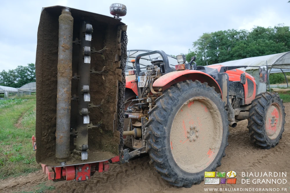 photo proche du broyeur relevé montrant les gros couteaux articulés sous leur capot