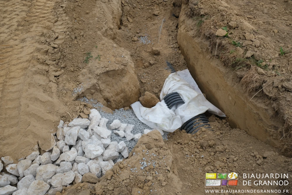 photo de l'assemblage tu rigide tube annelé complété par géotextile blanc