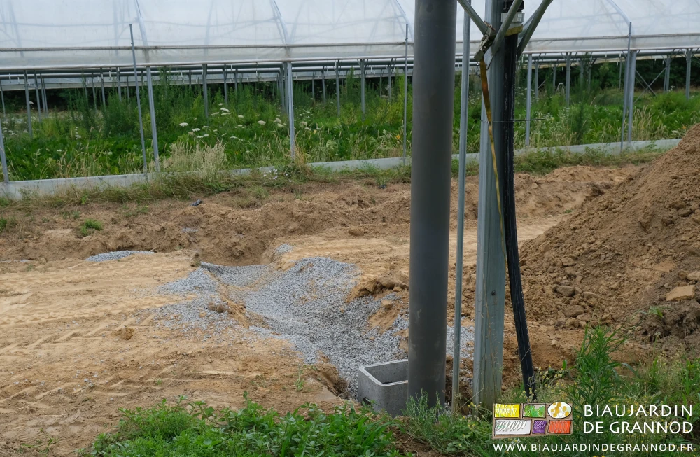 photo de tranchée garnie de gravelette au pied d'une descente traversant son regard