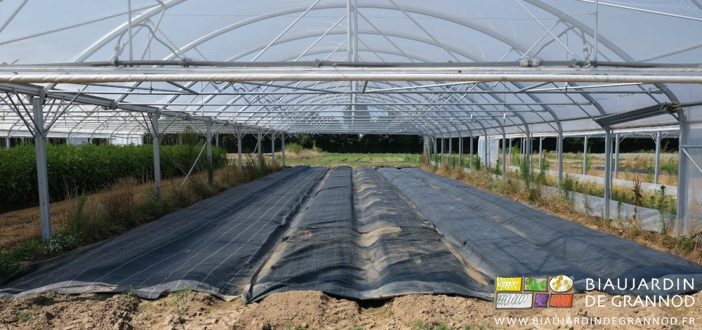photo de 6 planches couvertes de toile noire tissée sous un bi-tunnel