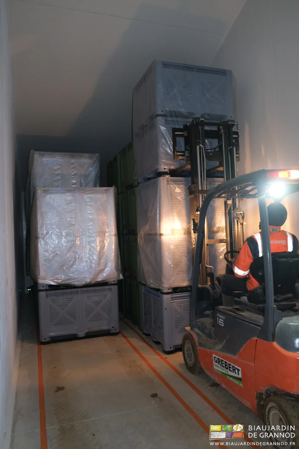 photo de Matthieu guidé par des bandes orange de scotch empilant au chargeur des palox dans le local